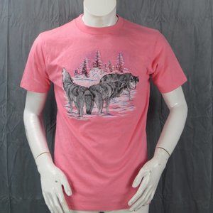 Vintage Graphic T-shirt - Winter Wolf Graphic on Hot Pink - Men's Medium